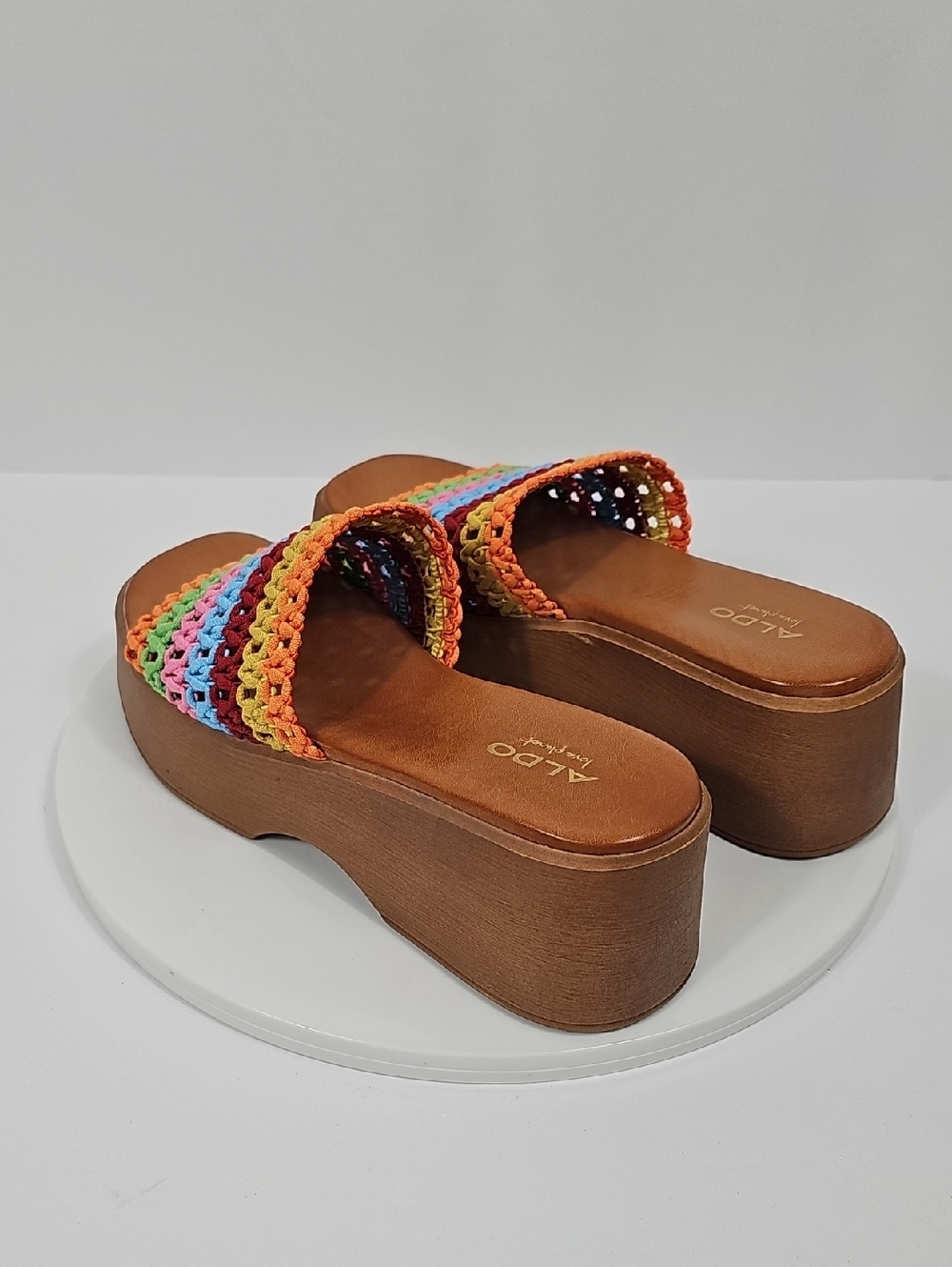 NIB Aldo Yassu Rainbow Crochet Platform Slide Sandals Crochet Multicolor Brown 7 - Picture 8 of 13
